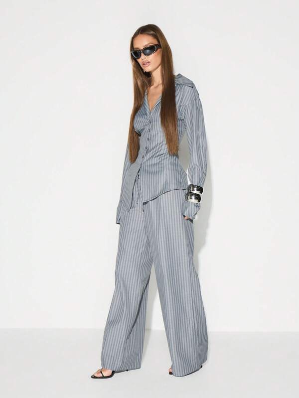 KIZN High Rise Wide Leg Striped Palazzo Trousers With Drawstring Waist For Casual Office Wear