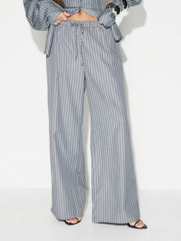 KIZN High Rise Wide Leg Striped Palazzo Trousers With Drawstring Waist For Casual Office Wear