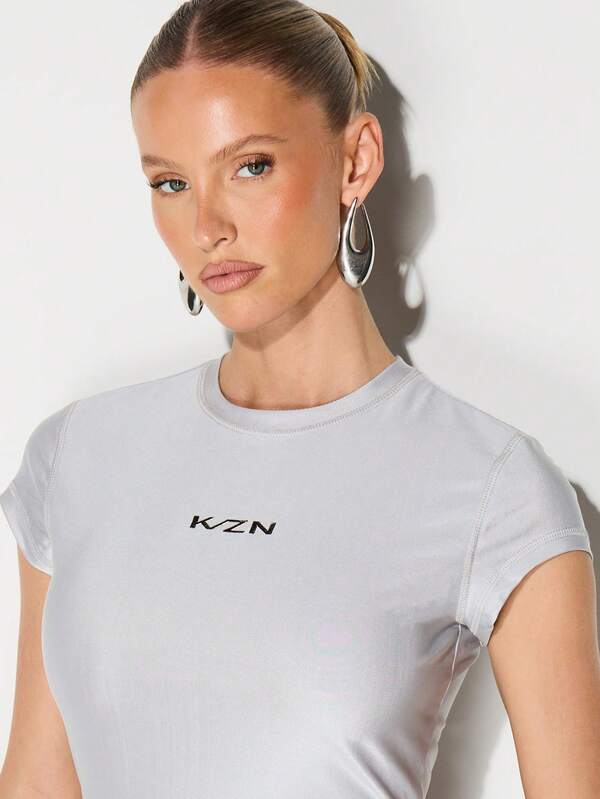 KIZN High Shine Fitted Athletic Tee Short Sleeve Crew Neck Training Top Gym Activewear