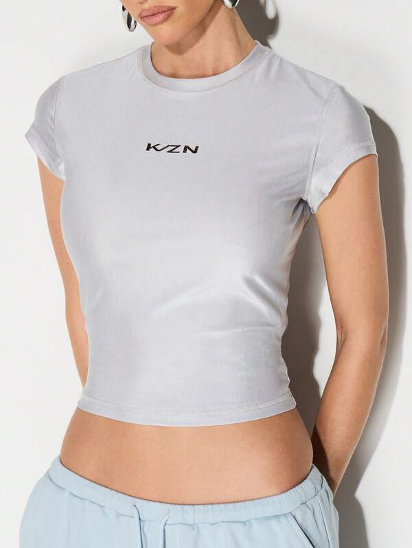 KIZN High Shine Fitted Athletic Tee Short Sleeve Crew Neck Training Top Gym Activewear