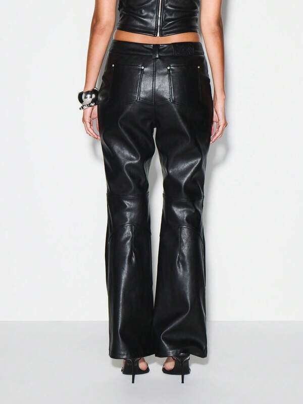 KIZN High Waisted Button Front Faux Leather Flared Pants With Wide Leg Silhouette