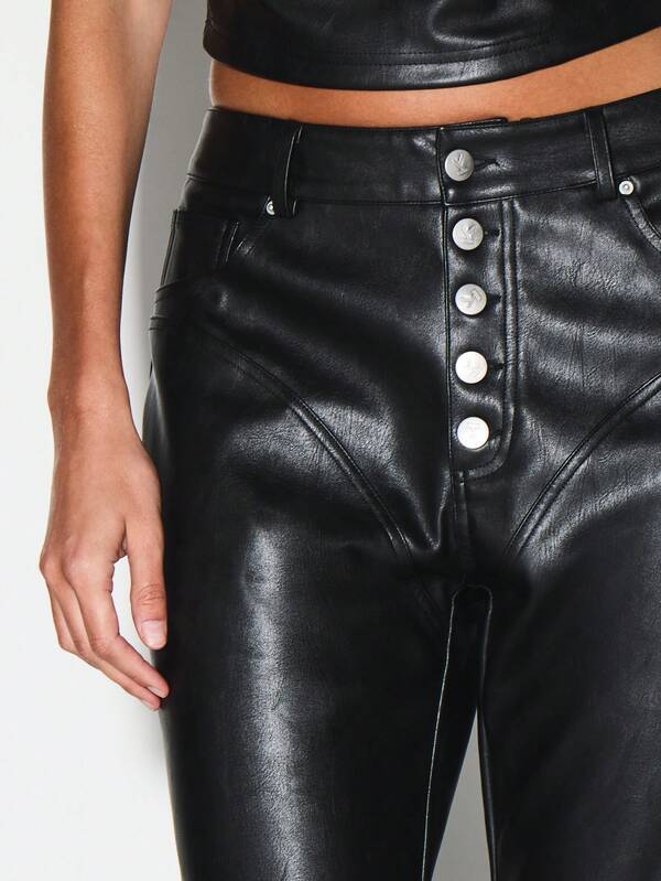 KIZN High Waisted Button Front Faux Leather Flared Pants With Wide Leg Silhouette