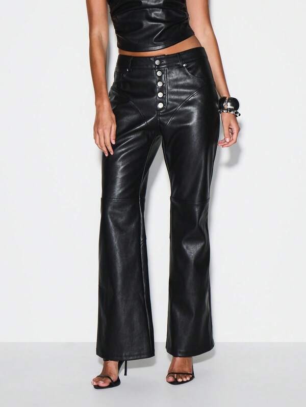 KIZN High Waisted Button Front Faux Leather Flared Pants With Wide Leg Silhouette