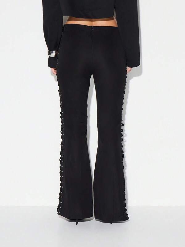 KIZN High Waisted Lace Up Side Flare Pants With Metal Eyelets Perfect For Night Out Events