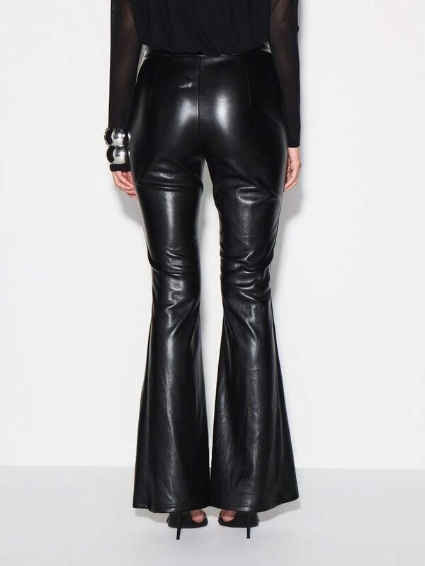 KIZN High Waisted Leather Look Lace Up Side Detail Flare Bell Bottom Trousers For Festival Party