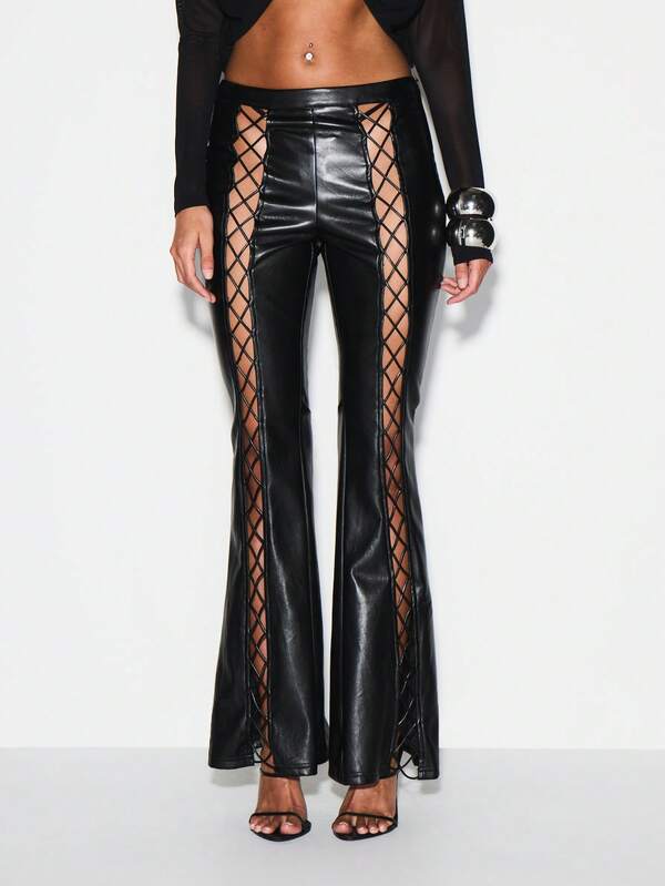 KIZN High Waisted Leather Look Lace Up Side Detail Flare Bell Bottom Trousers For Festival Party