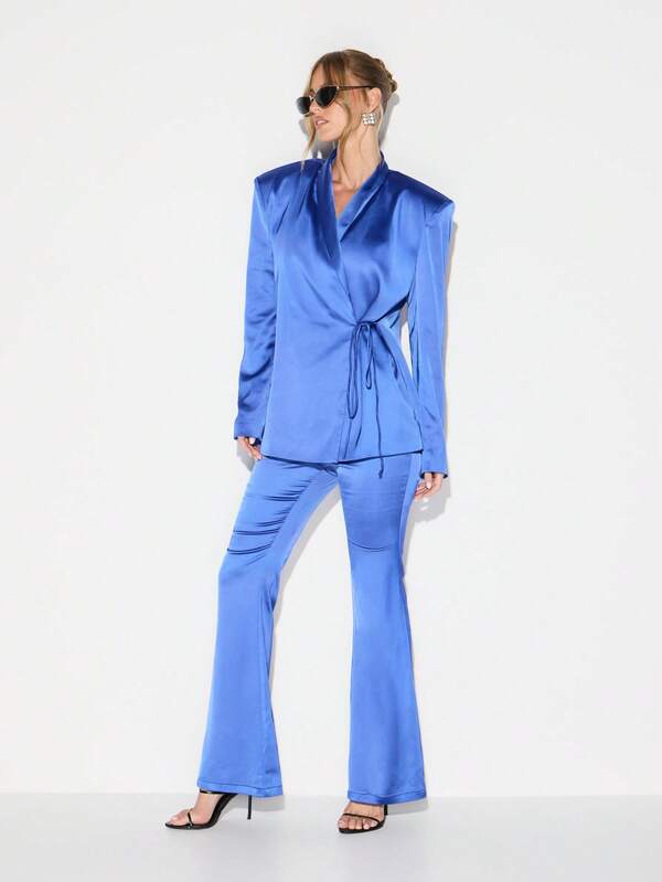 KIZN High Waisted Satin Wide Leg Palazzo Pants For Office Work Formal Business Occasions