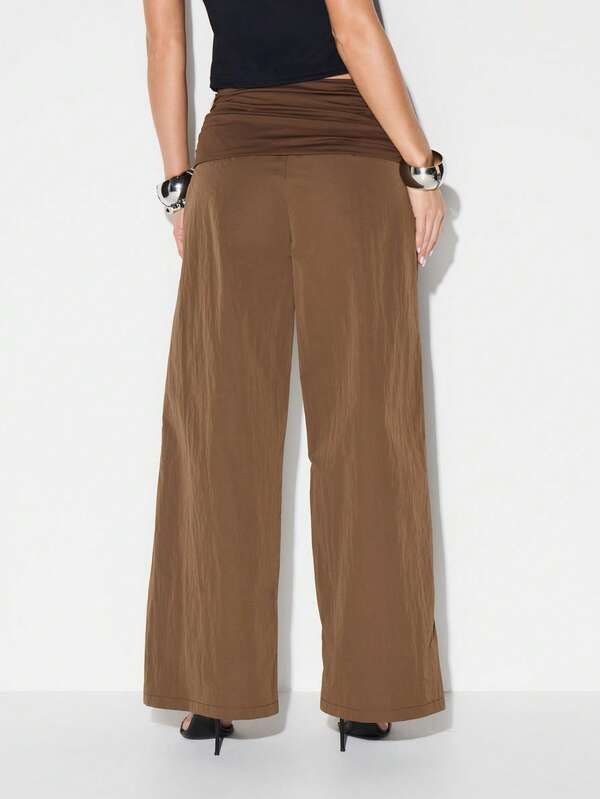 KIZN Jersey Waistband Wide Leg Palazzo Pants For Women Casual High Rise Flowy Trousers