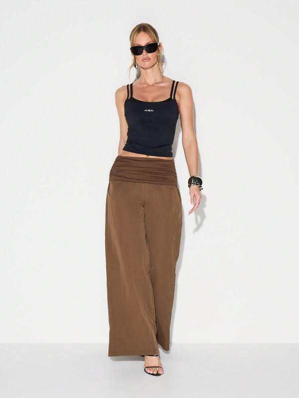 KIZN Jersey Waistband Wide Leg Palazzo Pants For Women Casual High Rise Flowy Trousers
