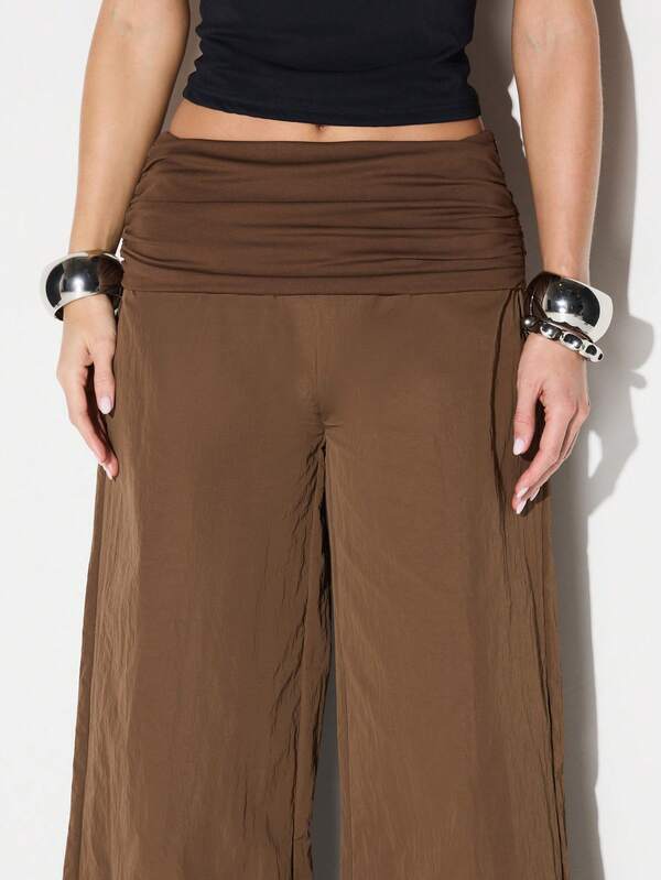 KIZN Jersey Waistband Wide Leg Palazzo Pants For Women Casual High Rise Flowy Trousers
