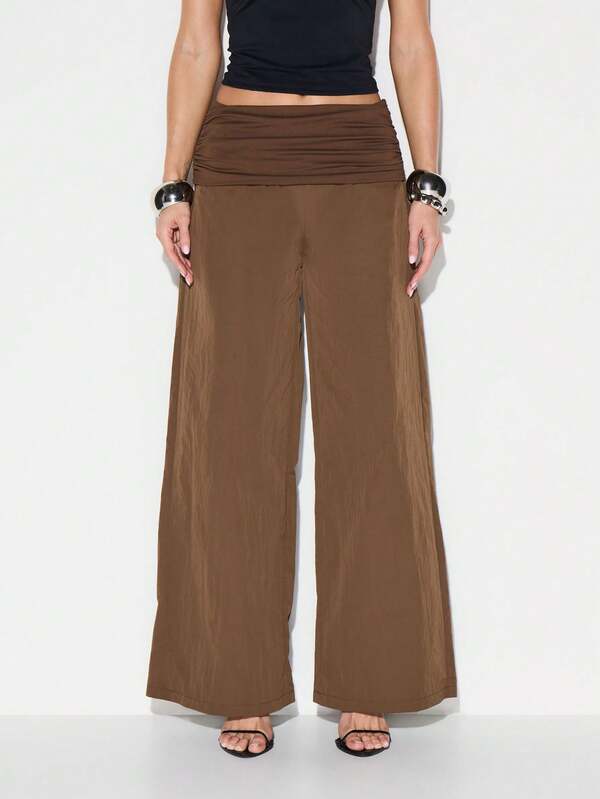 KIZN Jersey Waistband Wide Leg Palazzo Pants For Women Casual High Rise Flowy Trousers