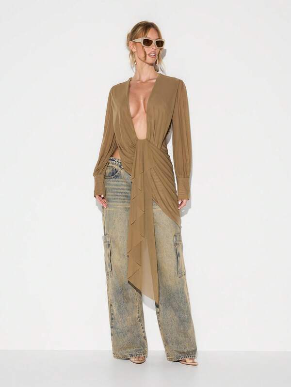 KIZN Long Sleeve Cowl Neck Drape Detail Blouse With Mesh Sections For Fall Winter