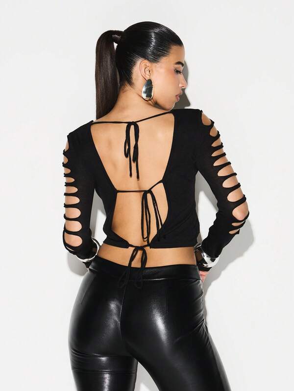 KIZN Long Sleeve Cut Out Sleeve Backless Tie Detail Crop Top For Party Club Night Out