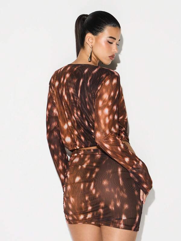 KIZN Long Sleeve Mesh Cowl Neck Mini Dress Abstract Print Bodycon Party Clubwear