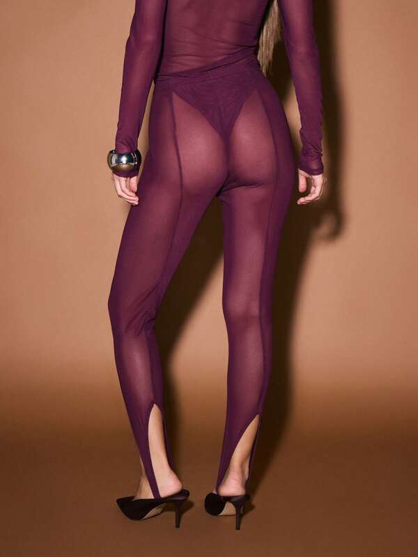 KIZN Long Sleeve Mesh Wrap Front Bodysuit With Sheer Panels And High Leg Cut For Evening Occasions