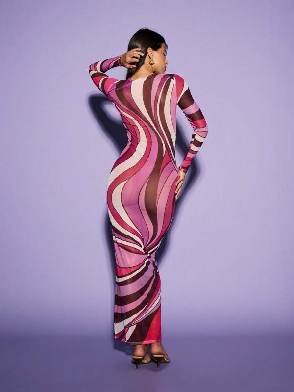 KIZN Long Sleeve Printed Mesh Maxi Dress Bohemian Clothes