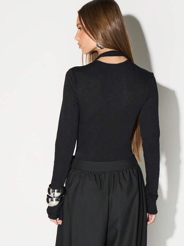 KIZN Long Sleeve Sheer Mesh Bodysuit With High Neck And Ruched Details For Party Nights