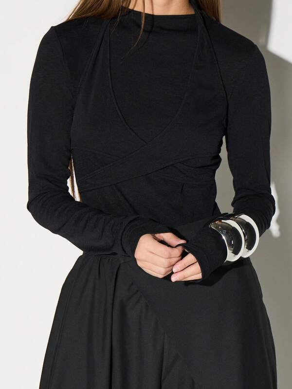 KIZN Long Sleeve Sheer Mesh Bodysuit With High Neck And Ruched Details For Party Nights