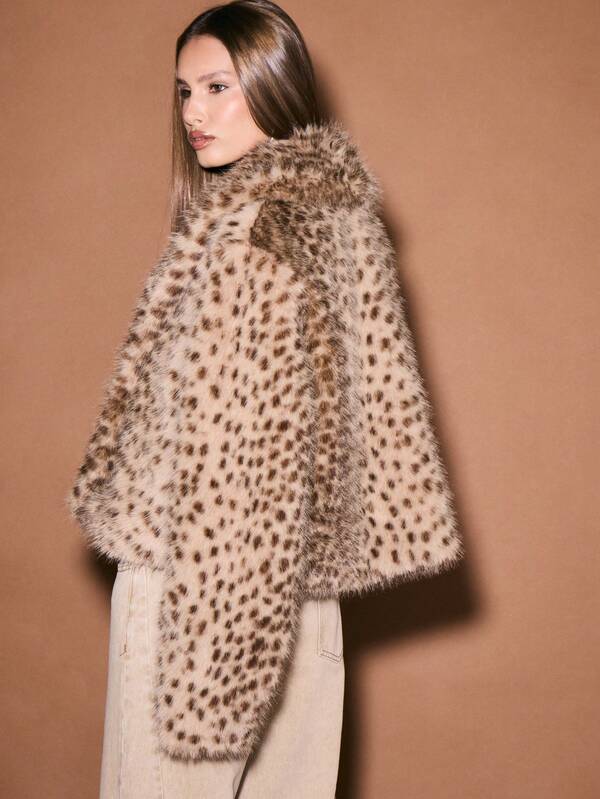 KIZN Luxurious Faux Fur Leopard Print Winter Coat Long Sleeve Oversized Outerwear Fall Fashion Statement Piece