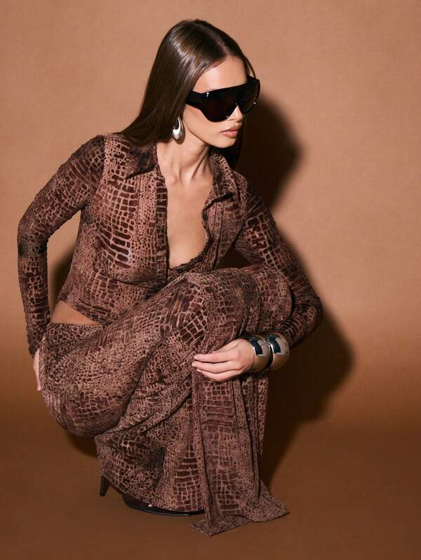 KIZN Mesh Long Sleeve Collared Bodysuit With Crocodile Print For Night Out Party Wear