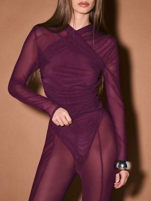 KIZN Mesh Stirrup Leggings With Cross Over Neckline Long Sleeve Bodycon Jumpsuit