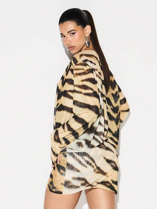 KIZN Mesh Wrap Front Long Sleeve Tiger Print Mini Dress For Evening Party Cocktail Occasions