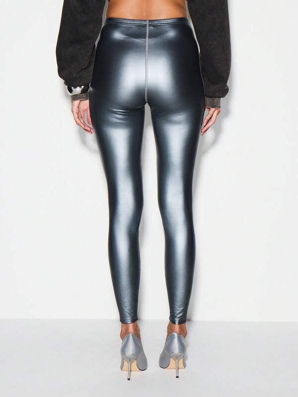 KIZN Metallic Foil Leggings High Rise Full Length Chrome Finish Pants Fashion Statement