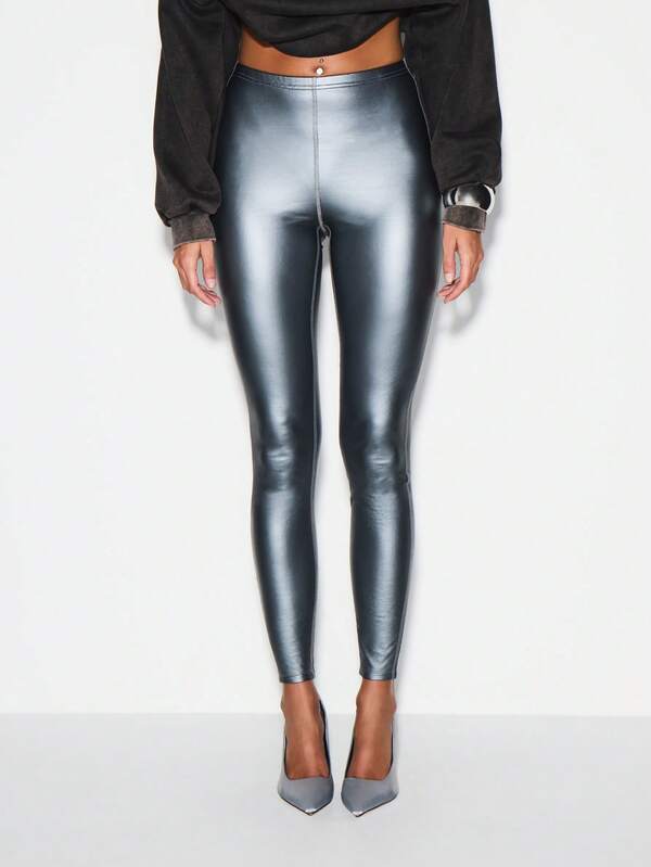 KIZN Metallic Foil Leggings High Rise Full Length Chrome Finish Pants Fashion Statement