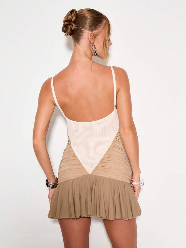 KIZN Mini Dress Ruched Panel Evening Party Cocktail Mesh Insert Flare Hem Chic Holiday Club Wear Elegant Night Out Mini Dress