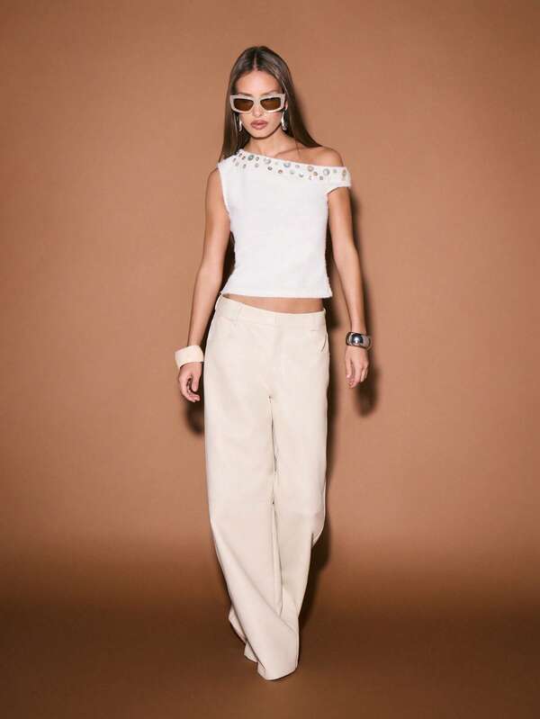 KIZN Off Shoulder Knit Top With Metallic Studded Neckline Detail For Summer Festival Occasions