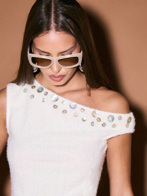 KIZN Off Shoulder Knit Top With Metallic Studded Neckline Detail For Summer Festival Occasions