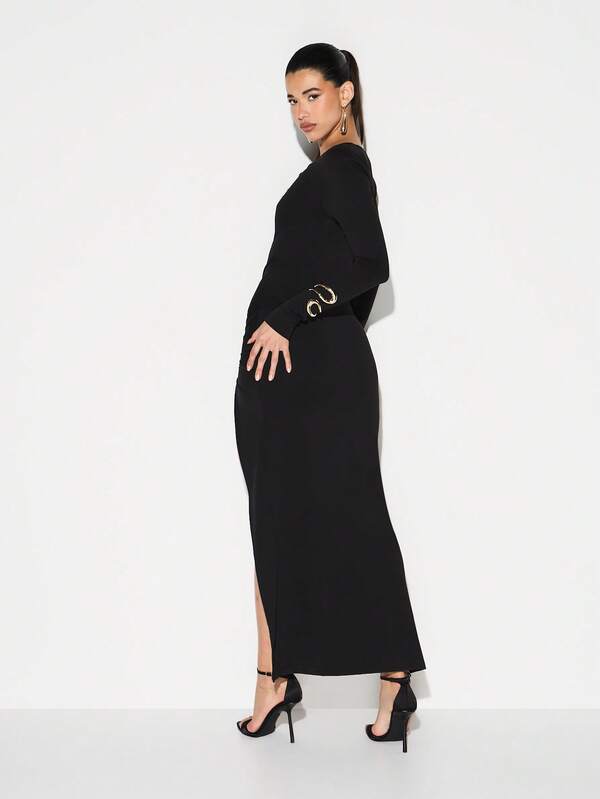 KIZN Off Shoulder Ruched Maxi Dress Long Sleeve Bodycon Evening Cocktail Party Asymmetrical Split Hem
