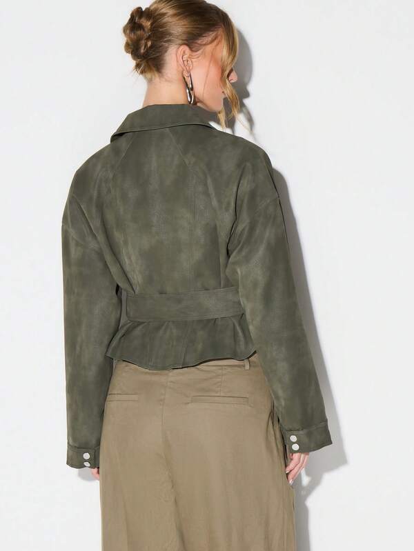 KIZN Olive Suedette Biker Jacket With Belt And Asymmetric Zip For Autumn Winter Outerwear
