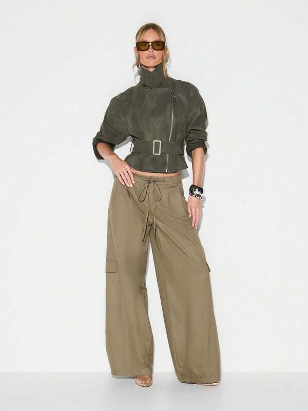 KIZN Olive Suedette Biker Jacket With Belt And Asymmetric Zip For Autumn Winter Outerwear