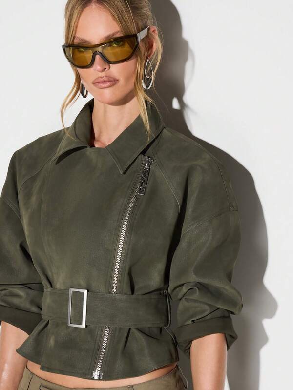 KIZN Olive Suedette Biker Jacket With Belt And Asymmetric Zip For Autumn Winter Outerwear