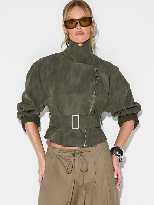 KIZN Olive Suedette Biker Jacket With Belt And Asymmetric Zip For Autumn Winter Outerwear