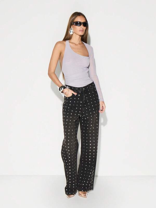 KIZN One Shoulder Long Sleeve Bodysuit With Ruched Side Details And Backless Cut Out Design For Night Occasions
