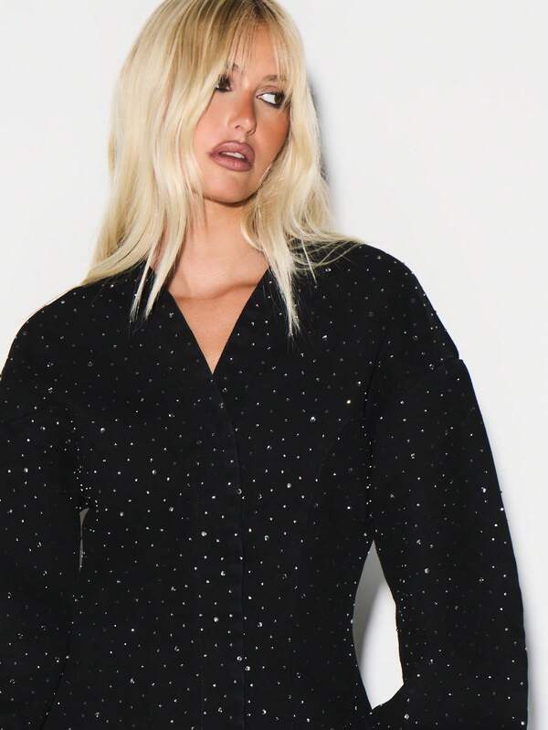 KIZN Oversized Balloon Sleeve Hotfix Studded Denim Jacket With Silver Embellishments For Festival Concert Evening Party