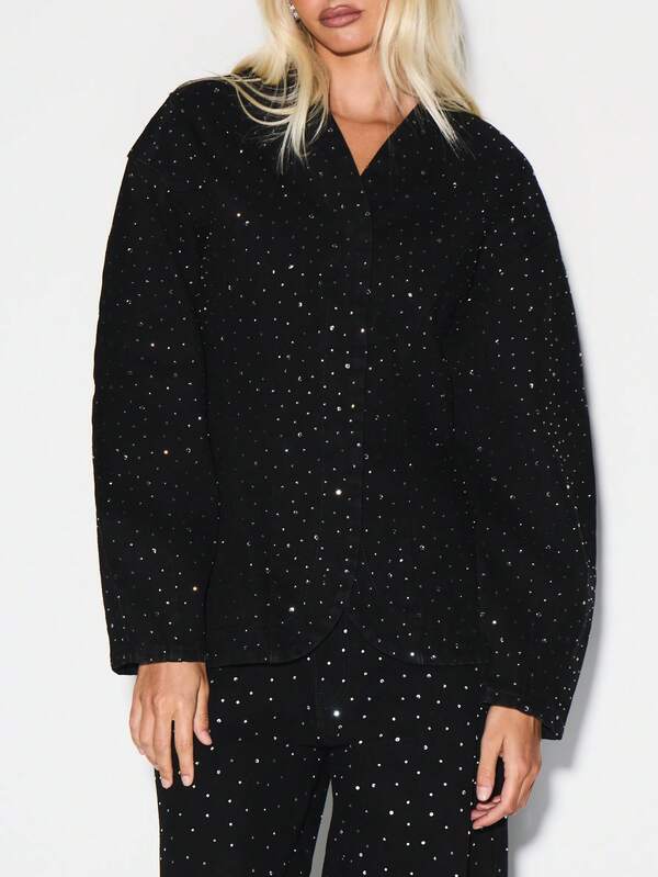KIZN Oversized Balloon Sleeve Hotfix Studded Denim Jacket With Silver Embellishments For Festival Concert Evening Party