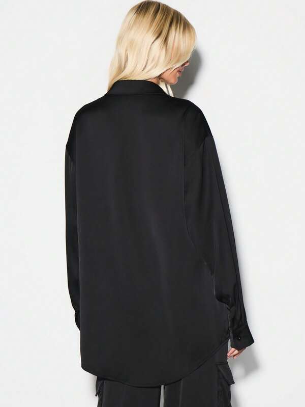 KIZN Oversized Button Down Satin Shirt Long Sleeve Collared Blouse Office Professional Classic Wardrobe Essential