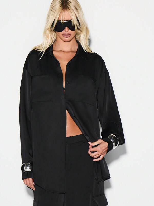 KIZN Oversized Button Down Satin Shirt Long Sleeve Collared Blouse Office Professional Classic Wardrobe Essential