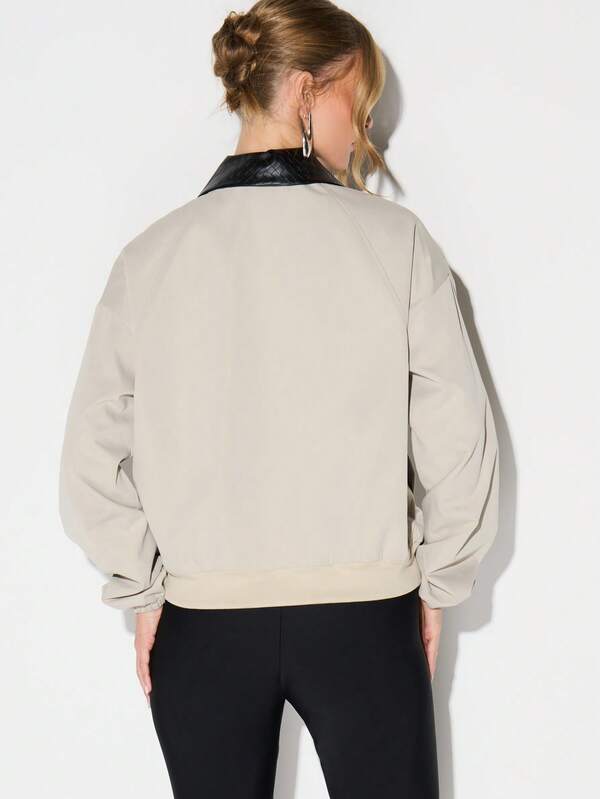 KIZN Oversized Canvas Bomber Jacket With Quilted Collar Cropped Fashion Streetwear Outerwear For Fall Winter