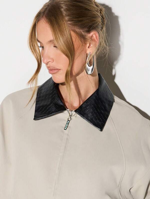 KIZN Oversized Canvas Bomber Jacket With Quilted Collar Cropped Fashion Streetwear Outerwear For Fall Winter