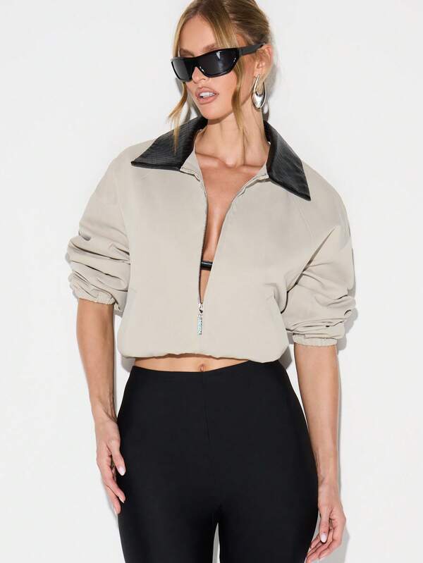 KIZN Oversized Canvas Bomber Jacket With Quilted Collar Cropped Fashion Streetwear Outerwear For Fall Winter