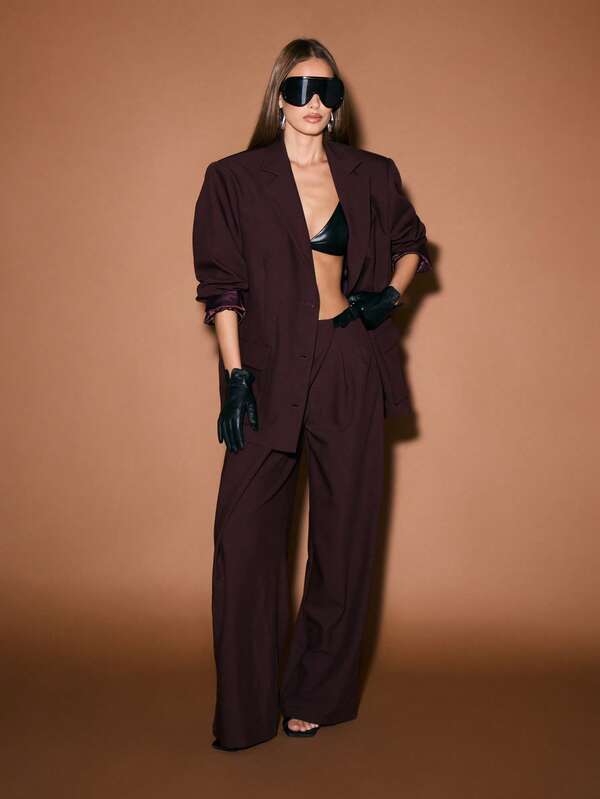 KIZN Oversized Double Breasted Blazer With Lapels And Button Closure For Professional Office Wear