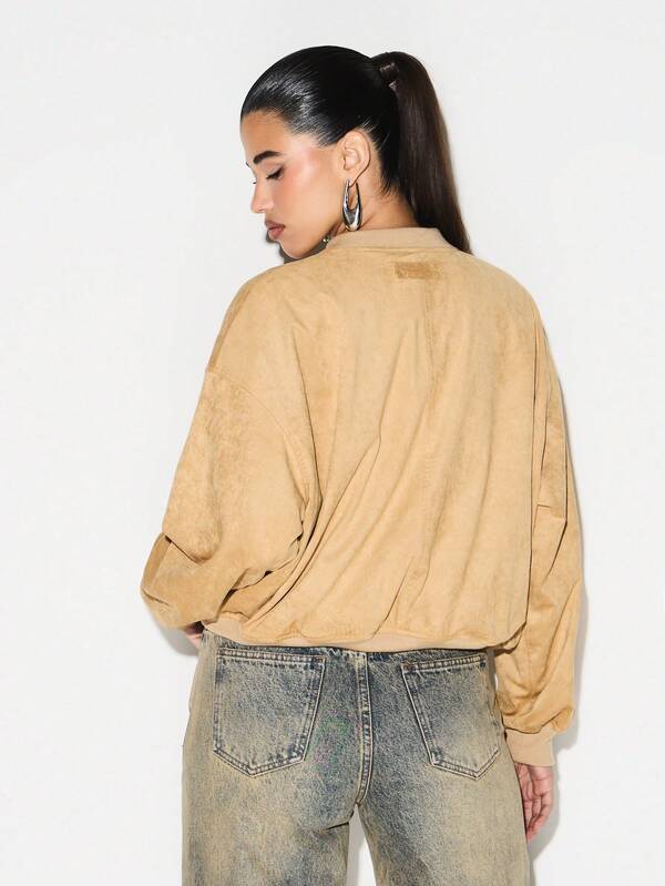 KIZN Oversized Faux Suede Bomber Jacket For Women Fall Winter Layering Essential Casual Outerwear