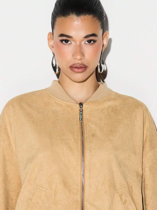 KIZN Oversized Faux Suede Bomber Jacket For Women Fall Winter Layering Essential Casual Outerwear