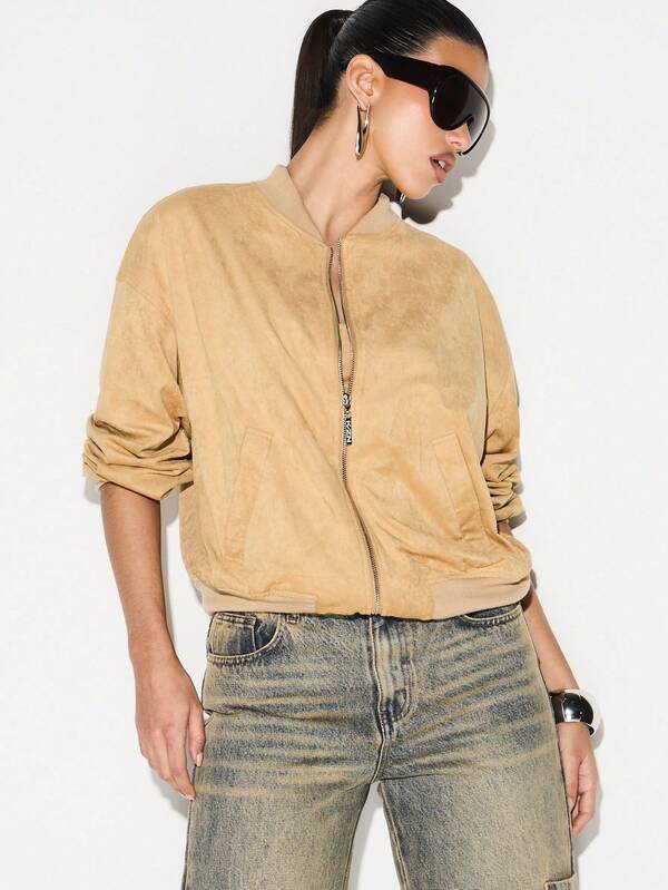 KIZN Oversized Faux Suede Bomber Jacket For Women Fall Winter Layering Essential Casual Outerwear