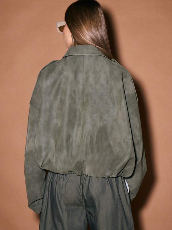 KIZN Oversized Khaki Suede Utility Coat With Stand Collar And Zip Closure Winter Outerwear