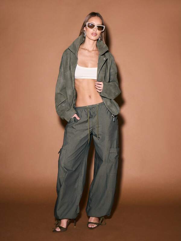 KIZN Oversized Khaki Suede Utility Coat With Stand Collar And Zip Closure Winter Outerwear